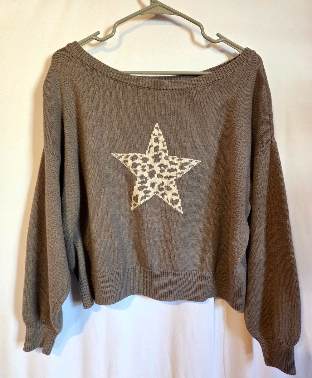 Hollister Leopard Star Sweater Medium Taupe Off Shoulder Slouchy Y2K Coquette